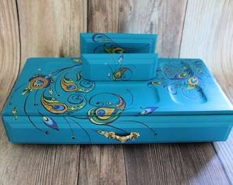 Peacock Painted Vintage Valet Jewelry Box, Turquoise Bedside Organizer, Nightstand Storage, MCM