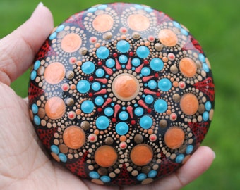 Southwestern Design Mandala Stone, Hand Painted Decorative Dot Mandala Stone, 4" Diameter, Meditation Stone, Altar Decor