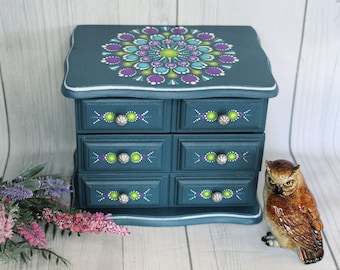 Dot Mandala Painted Jewelry Box in Turkish Tile Blue, Hand Painted Upcycled Jewelry Box, Gift for Her
