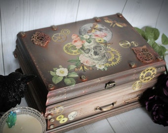 Steampunk Boho Painted Jewelry Box, Rustic Skull Jewelry Storage, Boho Decor