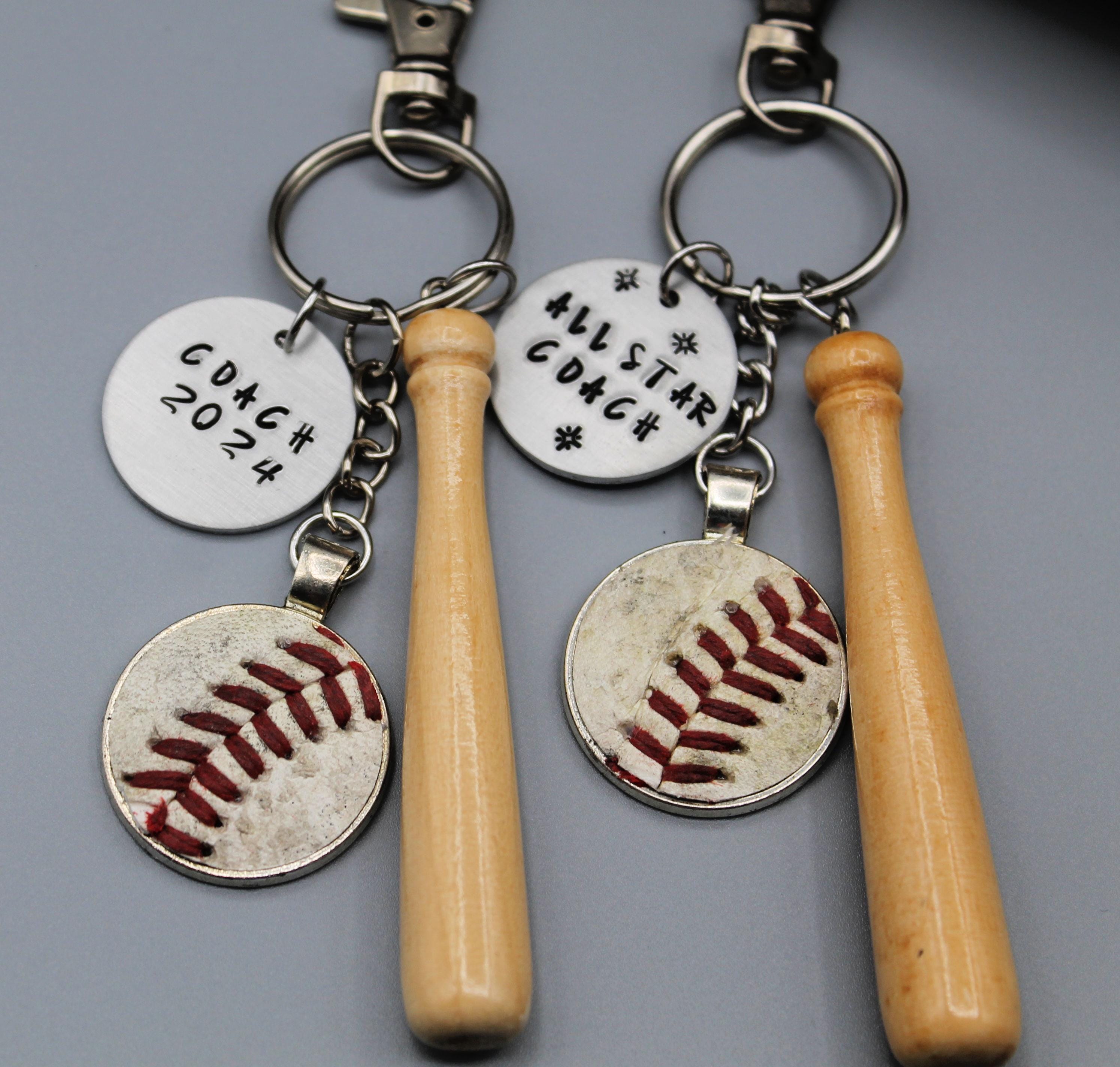Leather Baseball Keychain With Mini Wooden Bat, Bag Charm, Personalized ...