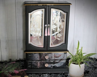 Black Painted Jewelry Box Cabinet with Pink Flowers, Crystal Knobs, Tabletop Jewelry Armoire, Vintage Jewelry Storage