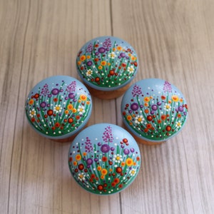 Wildflower Dot Painted Cabinet Dresser Knobs, Wooden Drawer Pulls, Hand Painted Knobs, Kitchen Knobs image 3