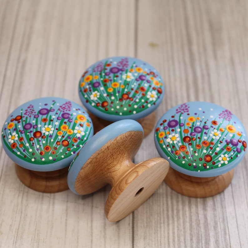 Wildflower Dot Painted Cabinet Dresser Knobs, Wooden Drawer Pulls, Hand Painted Knobs, Kitchen Knobs image 4