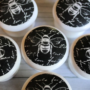 May include: Six white round knobs with black and white bee designs. The bees are outlined in black and have white stripes. The background is black with white script writing.