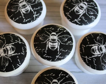 Bee White Cabinet Door Knobs, Hand Painted Dresser Knobs, Furniture Refinishing, Farmhouse Pulls, French Noir Prima Redesign Transfer