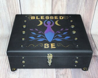 Blessed Be Moon Goddess Painted Essential Oil Crystals Storage Box, Cedar Box, Upcycled Jewelry Box