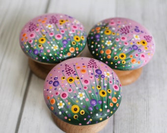 Choose Your Background Colors! Custom Wildflower Dot Painted Cabinet Dresser Knobs, Wooden Drawer Pulls, Nursery Decor, Furniture Refinish