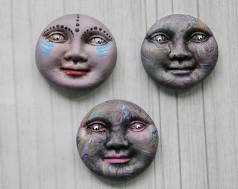 Set of 3 Multi Color Polymer Clay Art Doll Moon Faces for Spirit Dolls, Mixed Media Art
