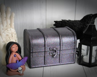 Glitter Treasure Chest Trinket Box with Lavender Velvet Interior, Altar Box, Pirate Decor, Jewelry Storage