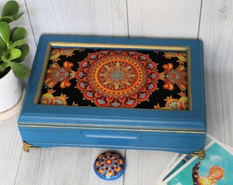 Blue Painted Jewelry Box with Red, Yellow, Orange Fabric Mandala, Upcycled Jewelry Storage with Matching Painted Dot Mandala Stone