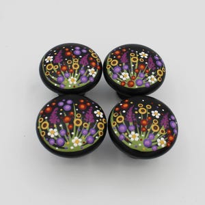 Wildflower Dot Painted Medium Wooden Drawer Pulls Black Background, Handcrafted Kitchen Cabinet Knobs