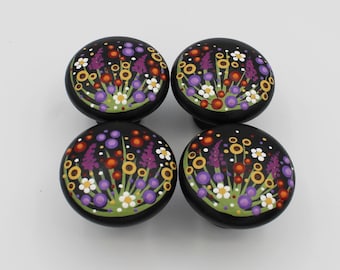Wildflower Dot Painted Medium Wooden Drawer Pulls Black Background, Handcrafted Kitchen Cabinet Knobs