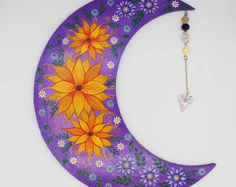 Hand Painted Sunflower Moon | Purple Boho Crescent Wall Art | OOAK