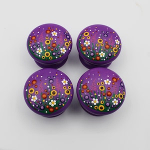 Set of 4 Hand-Painted Wildflower Knobs – Bright Violet Background