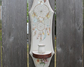 Painted Vintage Wooden Candle Wall Sconce with Dream Catcher, Upcycled Candlestick Holder