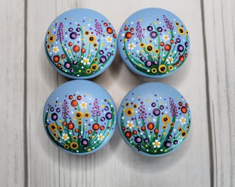Hand-Painted Wildflower Knobs – Dot Mandala Wooden Drawer Pulls for Cabinets & Dressers