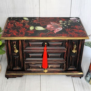 Black & Red Painted Distressed Vintage Music Jewelry Box, Upcycled Jewelry Storage, Unique Gift