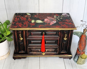 Black & Red Painted Distressed Vintage Music Jewelry Box, Upcycled Jewelry Storage, Unique Gift