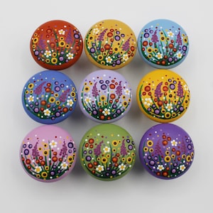 Wildflower Dot Painted Medium Wooden Drawer Pulls, Handcrafted Kitchen Cabinet Knobs