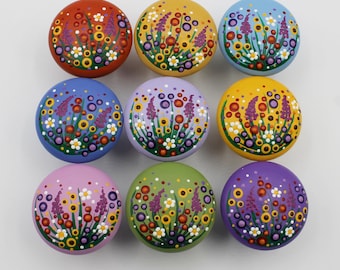 Wildflower Dot Painted Medium Wooden Drawer Pulls, Handcrafted Kitchen Cabinet Knobs