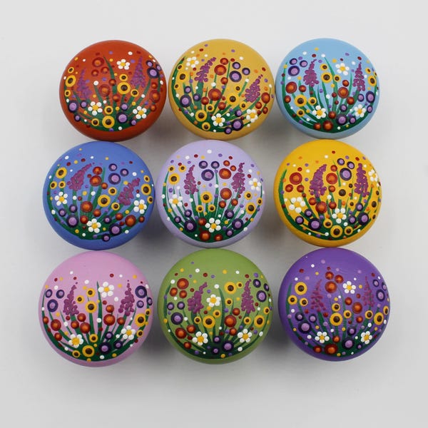 Wildflower Dot Painted Medium Wooden Drawer Pulls, Handcrafted Kitchen Cabinet Knobs
