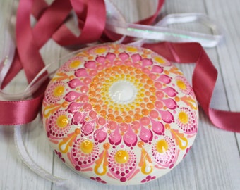 Soft Pastel Spring Burst Hand Painted Decorative Dot Mandala Stone, 4" Diameter, Meditation Stone, Altar Decor