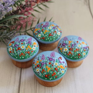 Wildflower Dot Painted Cabinet Dresser Knobs, Wooden Drawer Pulls, Hand Painted Knobs, Kitchen Knobs