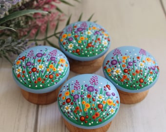 Wildflower Dot Painted Cabinet Dresser Knobs, Wooden Drawer Pulls, Hand Painted Knobs, Kitchen Knobs