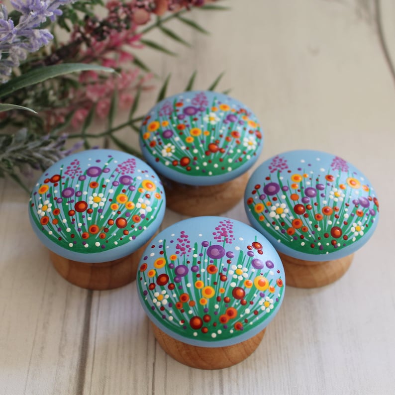 Wildflower Dot Painted Cabinet Dresser Knobs, Wooden Drawer Pulls, Hand Painted Knobs, Kitchen Knobs image 1