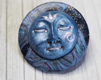 Mystical Blue Moon Medallion – Polymer Clay Cabochon, Handmade for Mixed Media, Art Dolls, and DIY Crafts