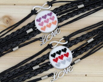 Mini Cross Stitch Heart Bangle Bracelet in Black with Love Charm, Cross Stitch Jewelry