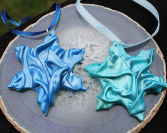 Snowflake Ornaments, Draped Polymer Clay Ornaments in Blue, Set of 2