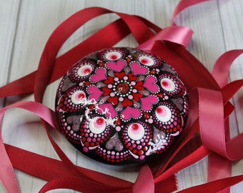 Red & Pink Heart Mandala Stone, Hand Painted Decorative Dot Mandala Stone, 4" Diameter, Meditation Stone, Altar Decor