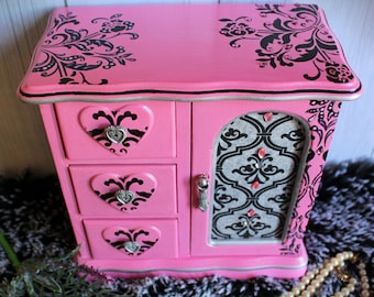 Pink Glam Painted Jewelry Box, Upcycled Jewelry Box with Jewels, Sparkles, Barbiecore, Pink Decor