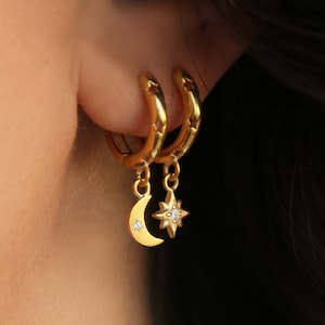 Moon Star Huggie Hoops, Celestial Hoops
