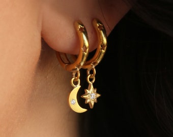 Moon Star Huggie Hoops – Celestial Hoop Earrings – Dainty Gold Moon Star Earrings – Minimalist Huggies – Gift for Her – USA Duties Included