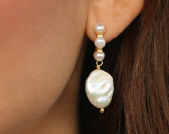 Bold Pearl Huggie Hoop Earrings, Gold pearl huggie hoop earrings