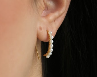 Pearl bar hoops, Minimalist small pearl hoop earrings, Dainty pearl sterling silver hoops