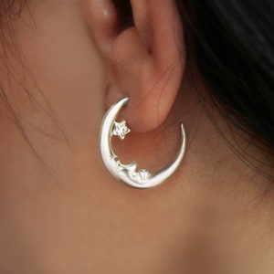 Crescent Topaz Moon Earrings, Delicate sterling silver half moon earrings, Celestial earrings