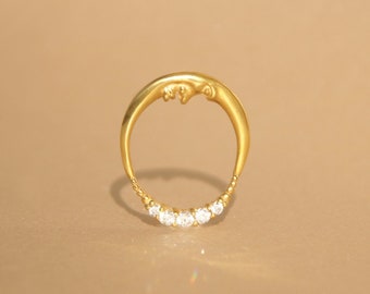 Gold Plated Sterling Silver Moon Ring, Dainty Pave Topaz Crescent Jewelry