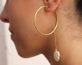 Keshi Tube Hoops, Pearl hoop chain earrings, Delicate open circle hoop earrings