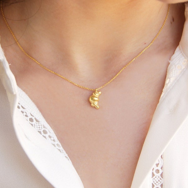 Croissant Charm Necklace, Croissant charm necklace, Stacking French Parisian Twisted Gold dainty necklace