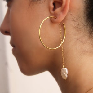 Keshi Tube Hoops, Pearl hoop chain earrings, Delicate open circle hoop earrings