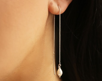 Pearl Threader Earrings, Pearl Drop Earring, Long Pearl Chain Earrings