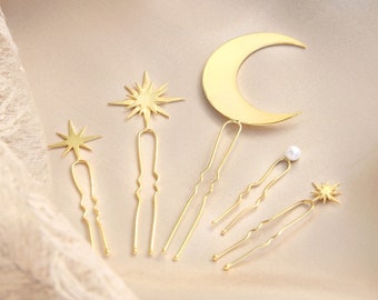 Gold Celestial sterling silver pins, Wedding bride pin set, Hair pins for women