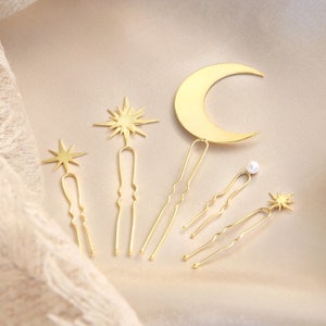 Gold Celestial sterling silver pins, Wedding bride pin set, Hair pins for women image 1