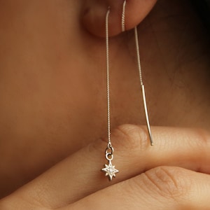 North Star Threader Earrings, Star Drop Earring, Long north star Chain Earrings