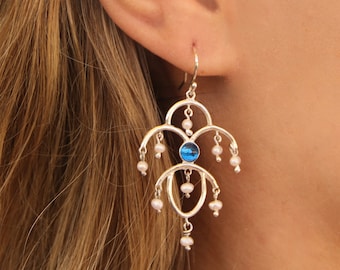 Pearl Drop Hoops, Pearl hanging hoop earrings