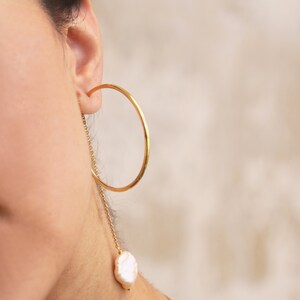 Keshi Tube Hoops, Pearl hoop chain earrings, Delicate open circle hoop earrings image 5